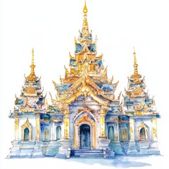 Fototapeta premium Majestic Traditional Temple with Golden Spires in Watercolor Style
