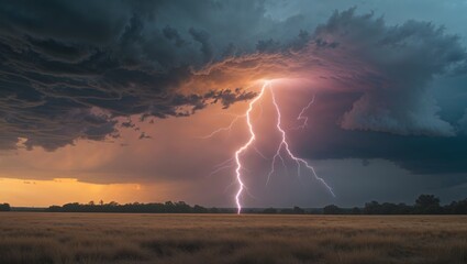 Dramatic lightning storm over a field at sunset.