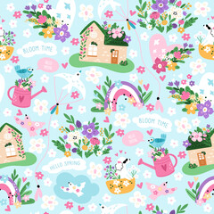 Spring landscape seamless pattern. Fairytale home. Sky rainbow. Flowers bouquet. Flying birds. Repeated print. Blooming plants. Hello springtime. Garden watering can. Vector background