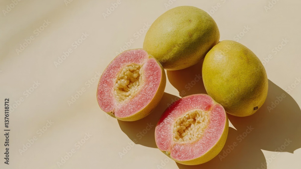 Poster a halved guava with seeds visible, placed next to whole guavas, isolated against light beige.