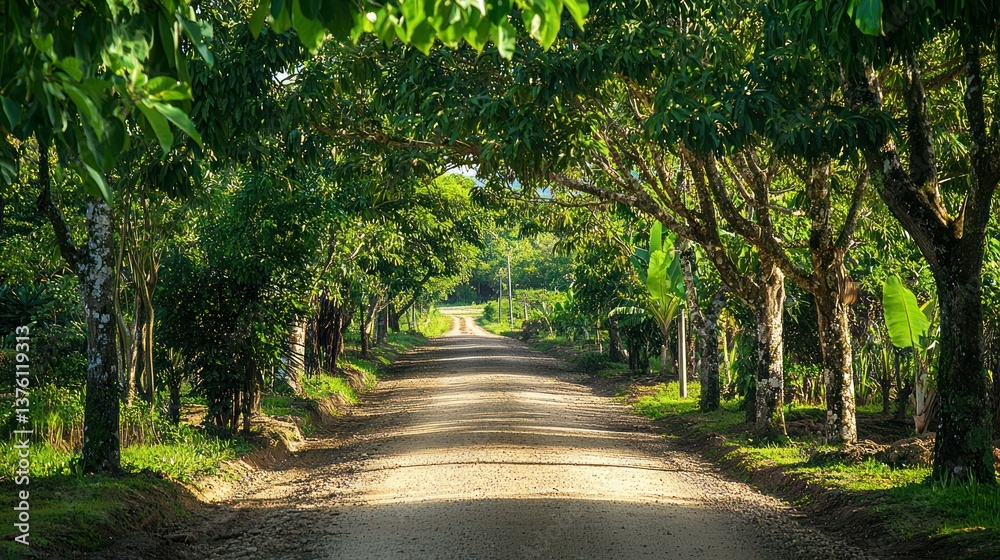 Poster a guava tree-lined path in a rural tropical village during a serene afternoon.
