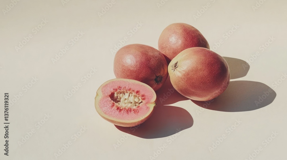 Poster a halved guava with seeds visible, placed next to whole guavas, isolated against light beige.