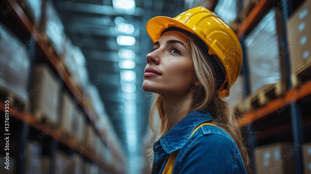 Poster a woman wearing a hard hat stands in a warehouse, surveying the rows of stacked boxes and thinking a