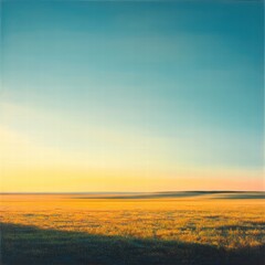 A large, flat field at sunrise, with the first light of the day casting a soft golden hue over the grass, and the vast blue sky above offering a clear, bright backdrop