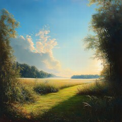 A distant view of a field at the edge of a forest, where the tall grasses and trees meet, with the sunlight casting soft, realistic shadows through the open space, and the sky filling the scene