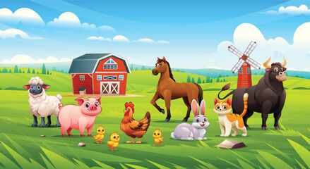 Cute farm animals like sheep, pig, horse, hen, chicks, cat, bull, and rabbit on grassy field. Vector cartoon illustration