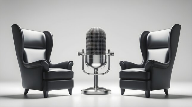 a microphone standing between two black armchairs, concept of podcast interview with guest speaker