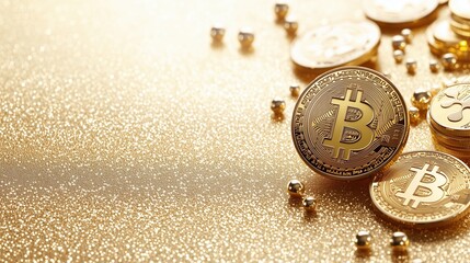 Shiny Gold Bitcoin Coins Featuring Circuit Patterns Representing Modern Cryptocurrency and Digital Finance