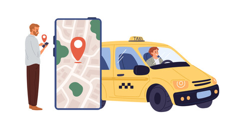 Man hails taxi using mobile app. Passenger calling car by phone. Smartphone application. City road map. Urban transport online service. Cab traffic. Driver in automobile. Vector concept