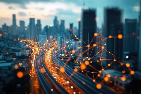 futuristic cityscape with glowing network connections