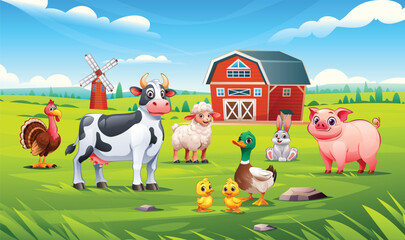 Domestic animals such as cow, pig, duck, lamb, rabbit, and turkey on farm. Vector cartoon illustration