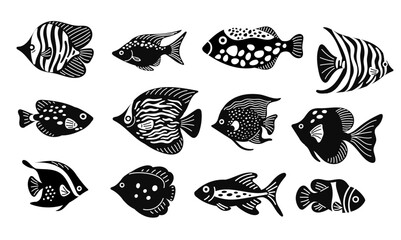Coral sea fish silhouettes. Exotic water animals. Underwater creatures. Aquarium inhabitants. Goldfish swimming. Caribbean undersea pet. Tropical ocean wildlife. Vector black icons set