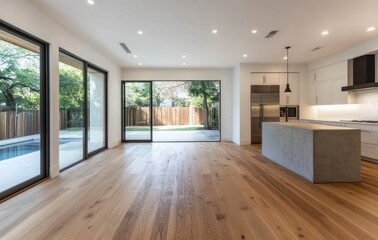 Open Concept Kitchen Living Room with Modern Design and Wood Floor