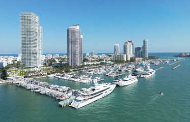 Miami Beach skyline. Sandy beaches of Miami. Miamis famous landmarks. South Pointe beach with...