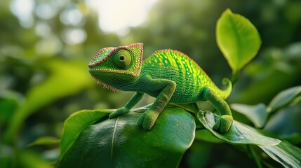 Fototapeta premium Colorful Chameleon Perched on Leaf in Lush Green Environment