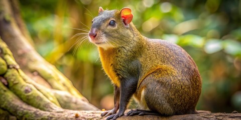 Obraz premium A Vibrant Tropical Rodent Perched on a Mossy Branch, Exhibiting Striking Fur and Alert Expression in a Lush Green Forest Habitat