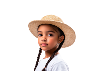 Young girl with braided hair wearing a straw hat and white shirt isolated on transparent background