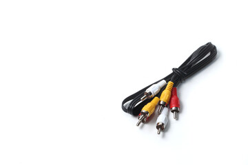 Red, yellow and white RCA plugs with black cables isolated on white background.