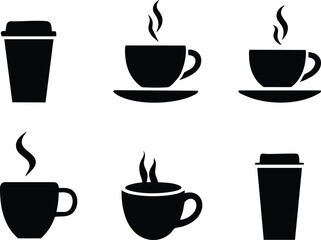 Obraz premium A seamless collection of coffee cup silhouettes in black and gray, featuring steaming mugs and cups on white backgrounds—perfect for café branding, menu design, or cozy decor.