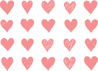 A playful collection of seamless heart patterns in red, black, pink, and blue tones, featuring hand-drawn and filled heart shapes on white backgrounds for romantic or decorative designs.