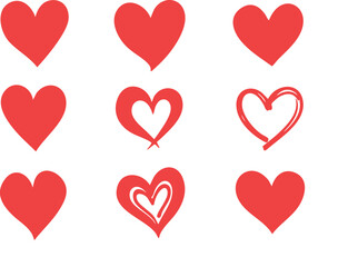 A playful collection of seamless heart patterns in red, black, pink, and blue tones, featuring hand-drawn and filled heart shapes on white backgrounds for romantic or decorative designs.