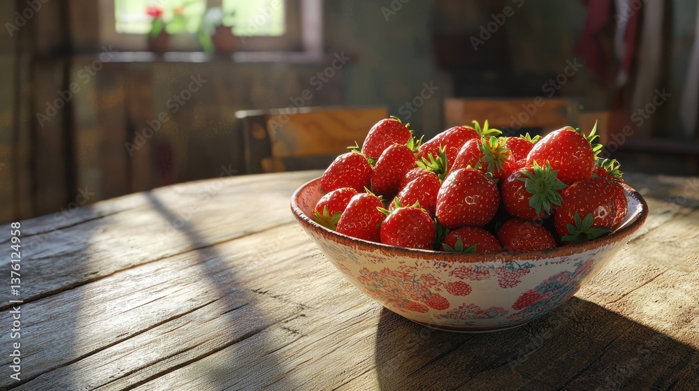 Poster a medium view of a ceramic bowl of strawberries placed on a rustic wooden table in a sunlit room.