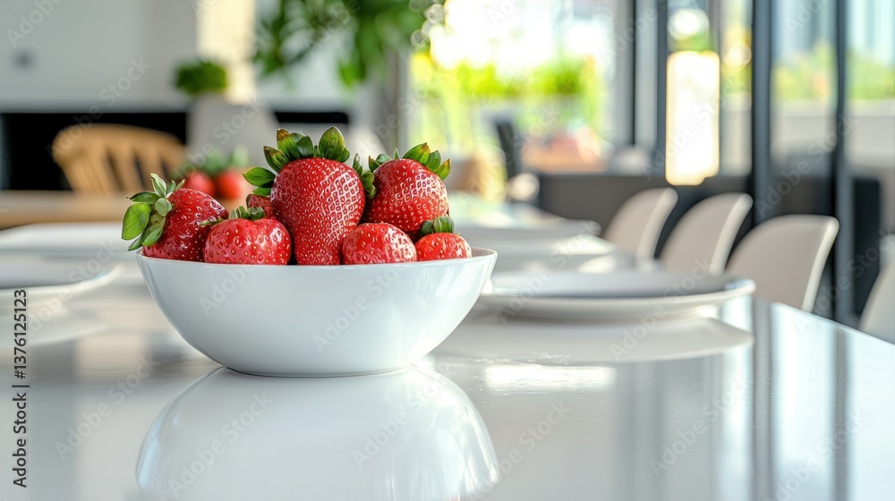 Poster A modern dining table setup with a strawberry smoothie as the focal point and minimalist dÃ©cor around 