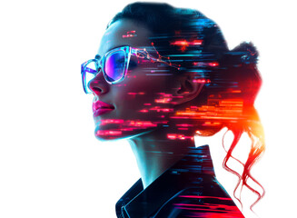Naklejka premium Holographic Businesswoman with Flickering and Glitch Effects Isolate on Transparent Background, cutout, png