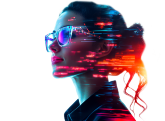 Holographic Businesswoman with Flickering and Glitch Effects Isolate on Transparent Background, cutout, png