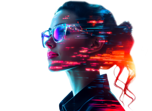 Holographic Businesswoman with Flickering and Glitch Effects Isolate on Transparent Background, cutout, png