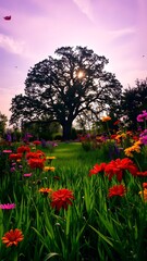 Serene Meadow with Majestic Oak Tree at Sunset