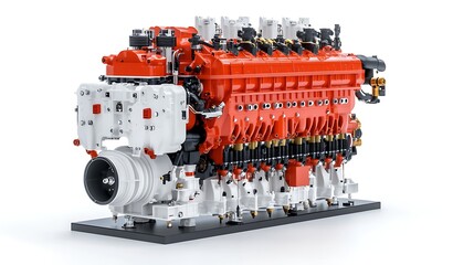 Large Red Engine with Black Base Isolated on White Background for Automotive and Engineering Use