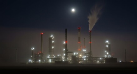 Industrial Plant at Night Emitting Smoke Under Moonlight in Fog