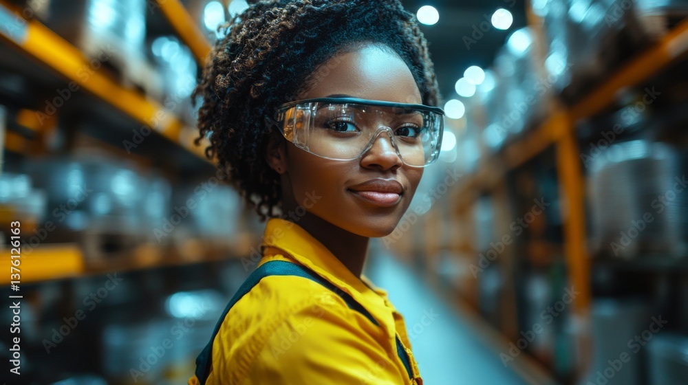 Poster a determined worker wearing glasses and a safety uniform stands confidently in a bustling logistics 