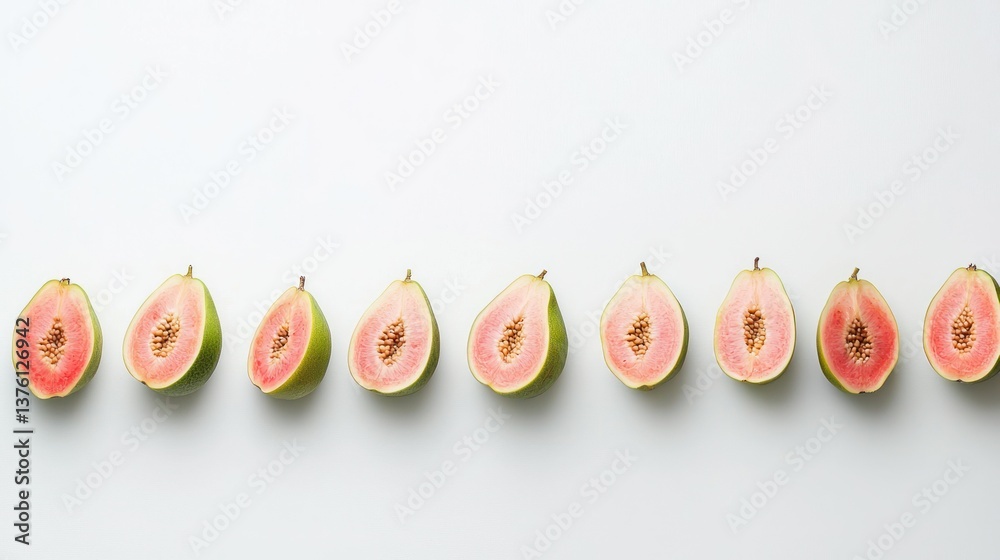 Poster A neatly arranged row of whole guava fruits and slices, on a plain white background, minimalistic. 