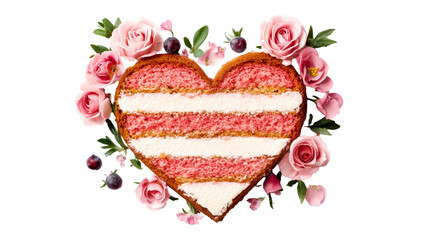Heart cake adorned with pink roses and berries, cut out transparent