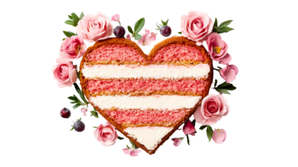 Heart cake adorned with pink roses and berries, cut out transparent