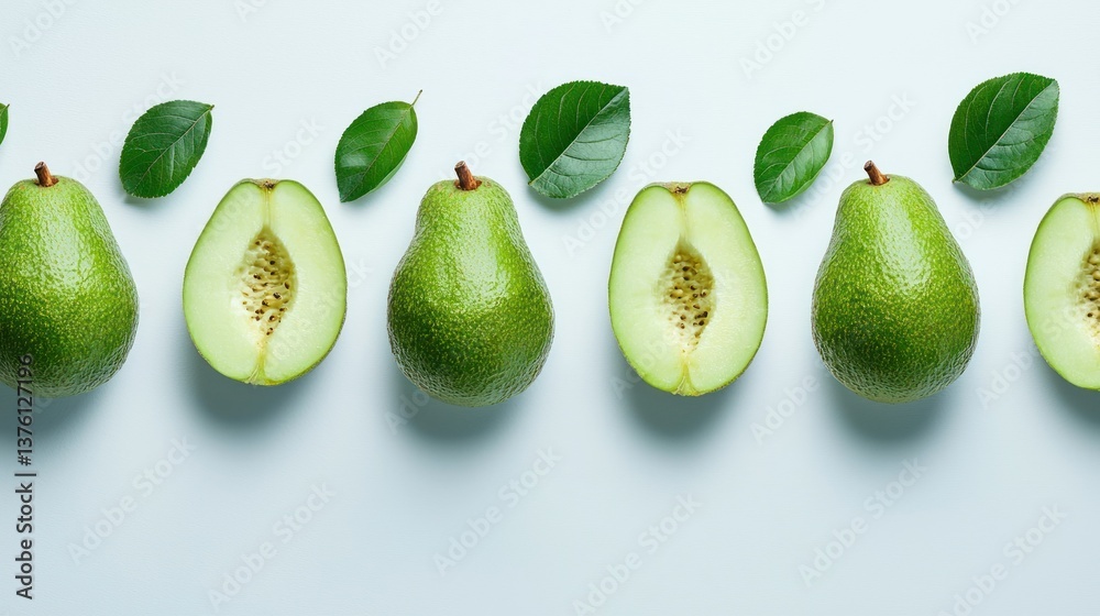 Poster A neatly arranged row of whole guava fruits and slices, on a plain white background, minimalistic. 