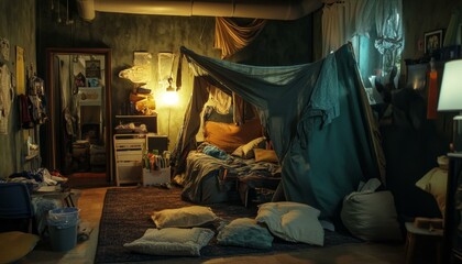 Cozy Indoor Fort Constructed of Blankets and Sheets Creating a Homey and Playful Sanctuary