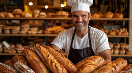 Friendly baker with fresh artisan bread in a traditional bakery setting