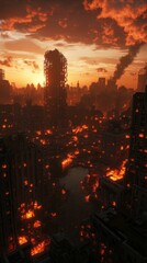 Devastated Cityscape at Dusk Illuminated by Fiery Aftermath of Destruction and Smoke Filled Skies