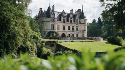 Elegant Chateau Overlooking Lush Green Lawn an Exquisite Example of French Architectural Style