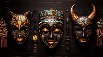 Colorful tribal masks arranged in artistic display on dark wooden background. Intricate designs and vibrant colors enhance cultural appreciation. Concept of artistry, craftsmanship, cultural heritage