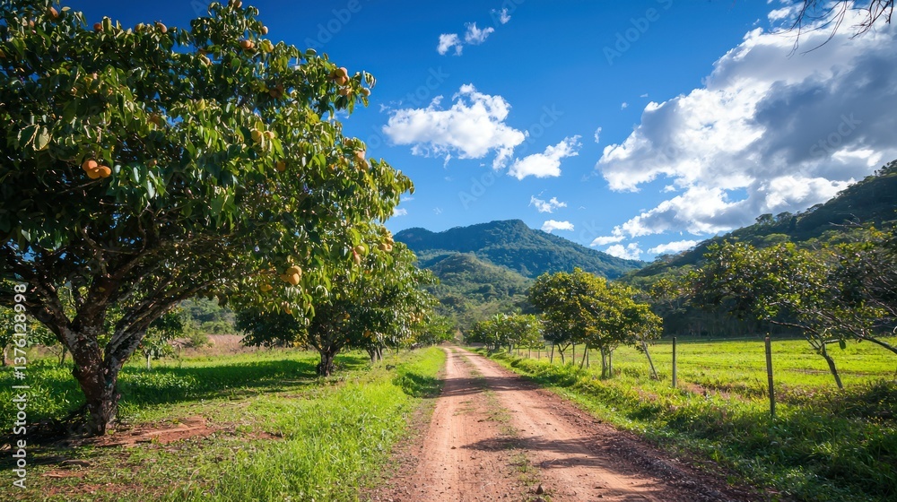 Poster A path lined with guava trees under a bright, sunny sky, creating a serene farm view. 