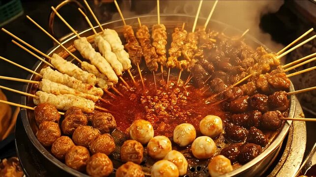 Delicious assortment of skewered meatballs and fish cakes in a boiling pot.