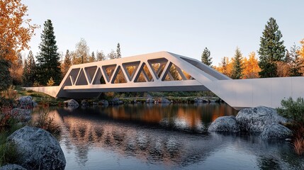 Modern bridge over tranquil lake autumn landscape architectural design natural environment serene viewpoint