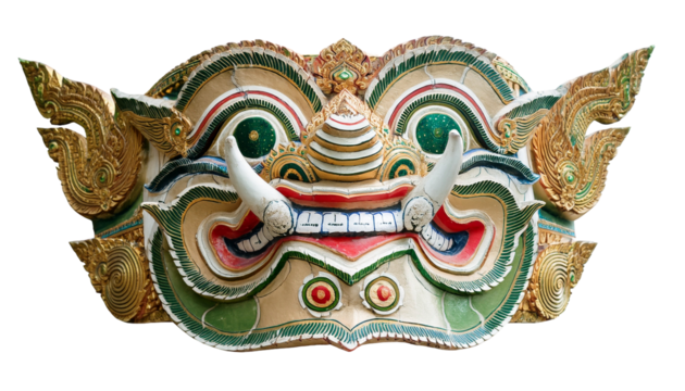 an ornate traditional Thai mask, showcasing intricate detailing, a fierce expression, and rich cultural heritage. The mask is adorned with gold accents and vibrant colors.