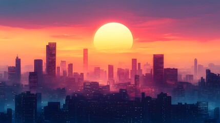 Majestic Cityscape Sunset over Modern Metropolis Skyline with Skyscrapers