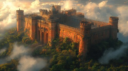 Majestic Mountaintop Castle Sunrise Fantasy Game Art