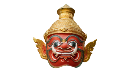 a detailed, vibrant, traditional Thai mask, displaying intricate craftsmanship and cultural significance. The mask has a fierce expression, representing the strong traditions